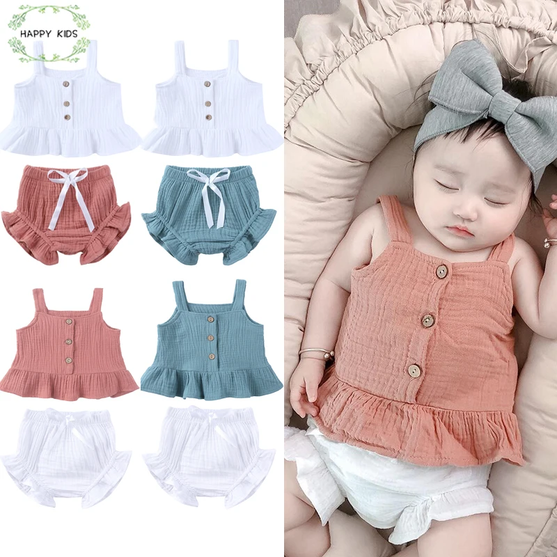 Newborn Baby Girls Cotton Linen Clothes Set Infant Sleeveless Solid Ruffled Hem Tank Tops Shorts Set 2Pcs Summer Cute Outfits