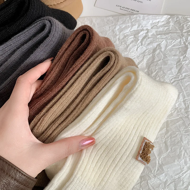 3 Pairs Wool Cashmere Socks Women Solid Thick Pile Socks Embroidered Logo Mid-Calf Casual Snow Boot women socks