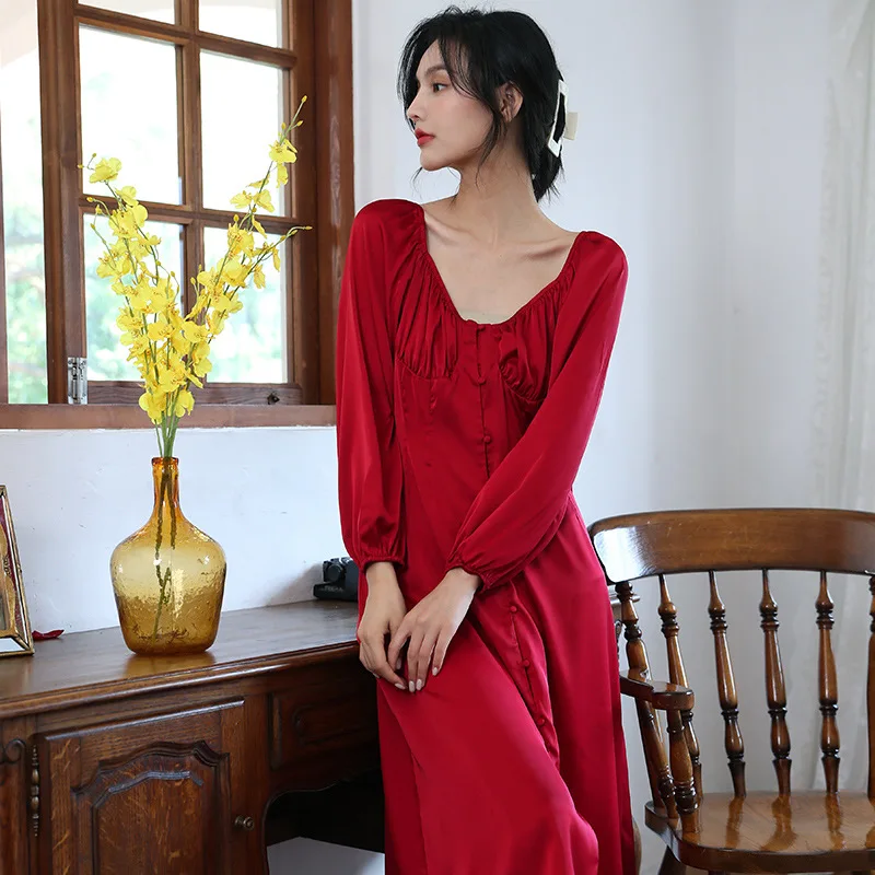 

Women Long Sleeve V Neck Nightdress Homewear New Year Pajamas Red Satin Nightgowns Sleepwear