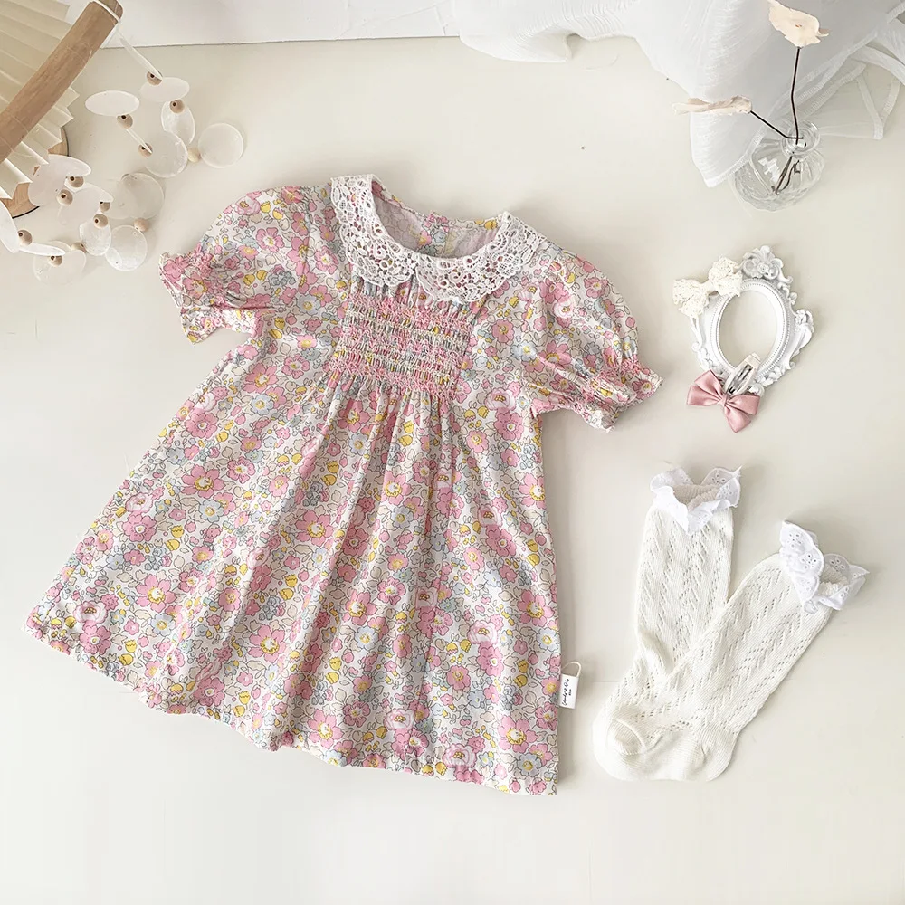 

Kids Baby Girls Cute Dress Clothes Infant Toddler Girl Cotton Children's Wears Smocked Flower Lace Peter Pan Collar Dresses