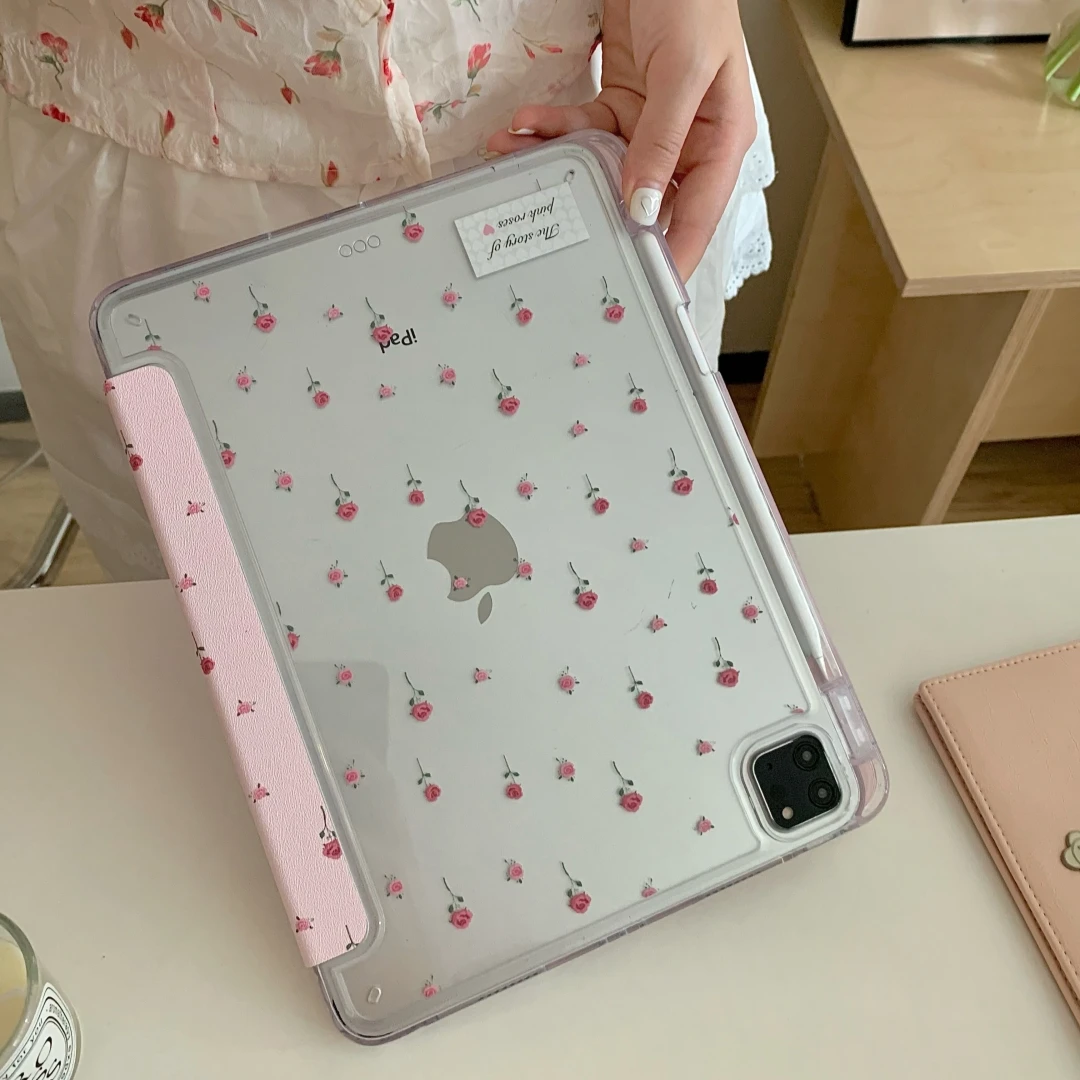 Rose Flowers Case With Pencil Holder For iPad