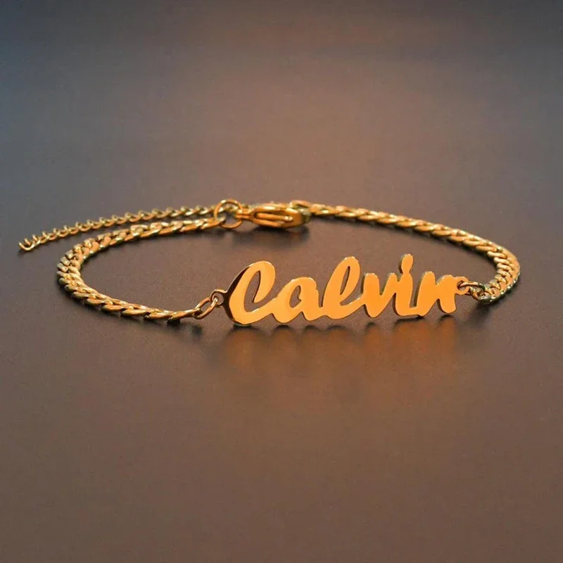 Classical Personalized Custom Name Bracelet Stainless Steel Handmade Cuban Gold Chain Logo Engraved Name Bracelet Women Jewelry