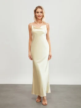 Women Long Bodycon Dress Solid Color Spaghetti Strap Cowl Neck Sleeveless Dress Summer Backless Cami Dress 3