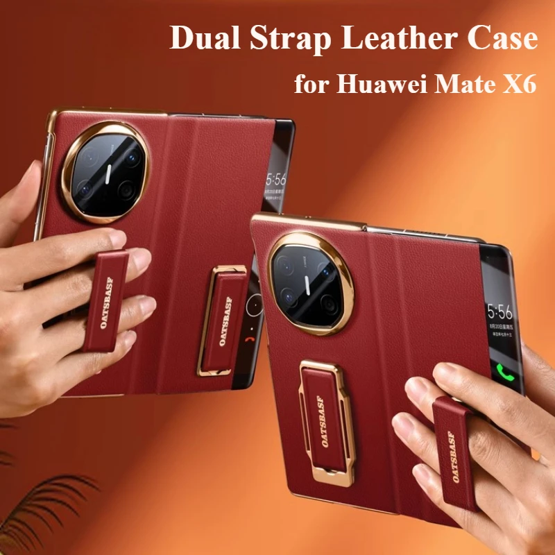 حافظة هاتف جلدية بحزام مزدوج من Oatsbasf لهاتف Huawei Mate X6 مع حامل 360 °   أغطية كاملة لنافذة الرؤية الذكية القابلة للدوران
