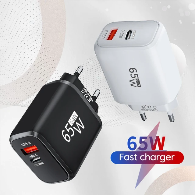 PD 65W GaN EU/US Plug USB Charger 2 In 1 Dual Ports USB Type C Fast Charging Wall Charger Portable Quick Charging Power Adapter