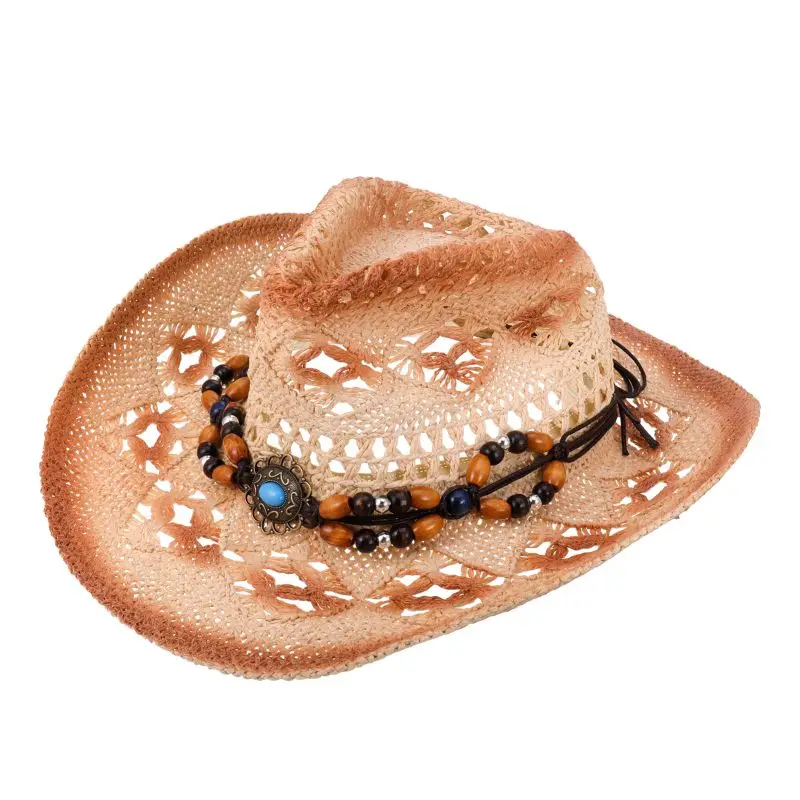 

Summer Men and Women Cowboy Hat Beach Straw Hat Travel Beach Hollow Out Beading Chain Jazz Cap Sun Protection Sun Hat Panama Hat