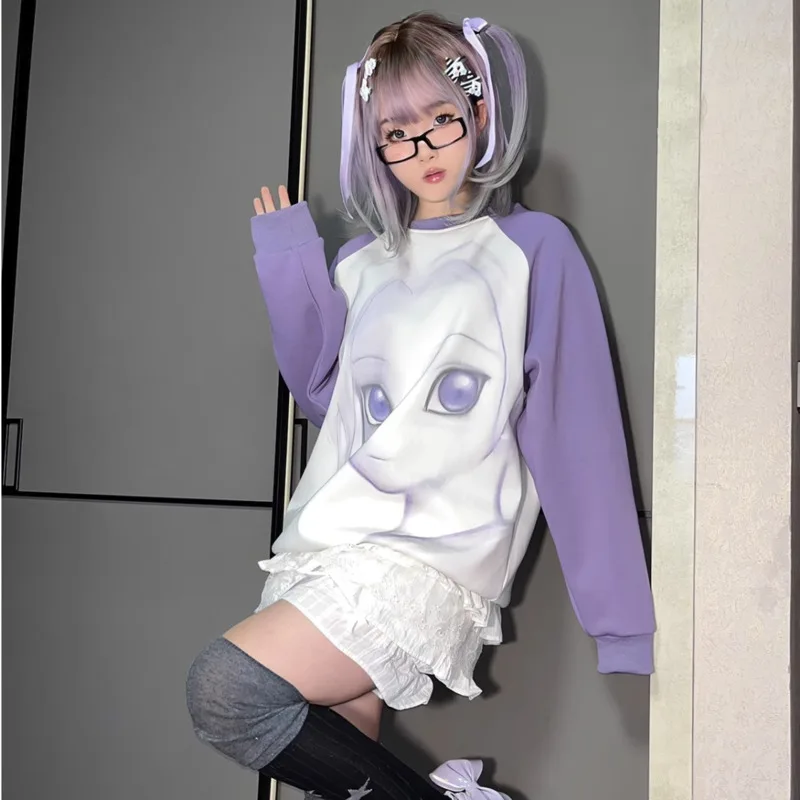 90s Harajuku Japanese Stylish Anime Girls Long Sleeve Tees 2000s Fashion Purple Aesthetic T-shirt Y 2k Thin Hoodie Female Tops