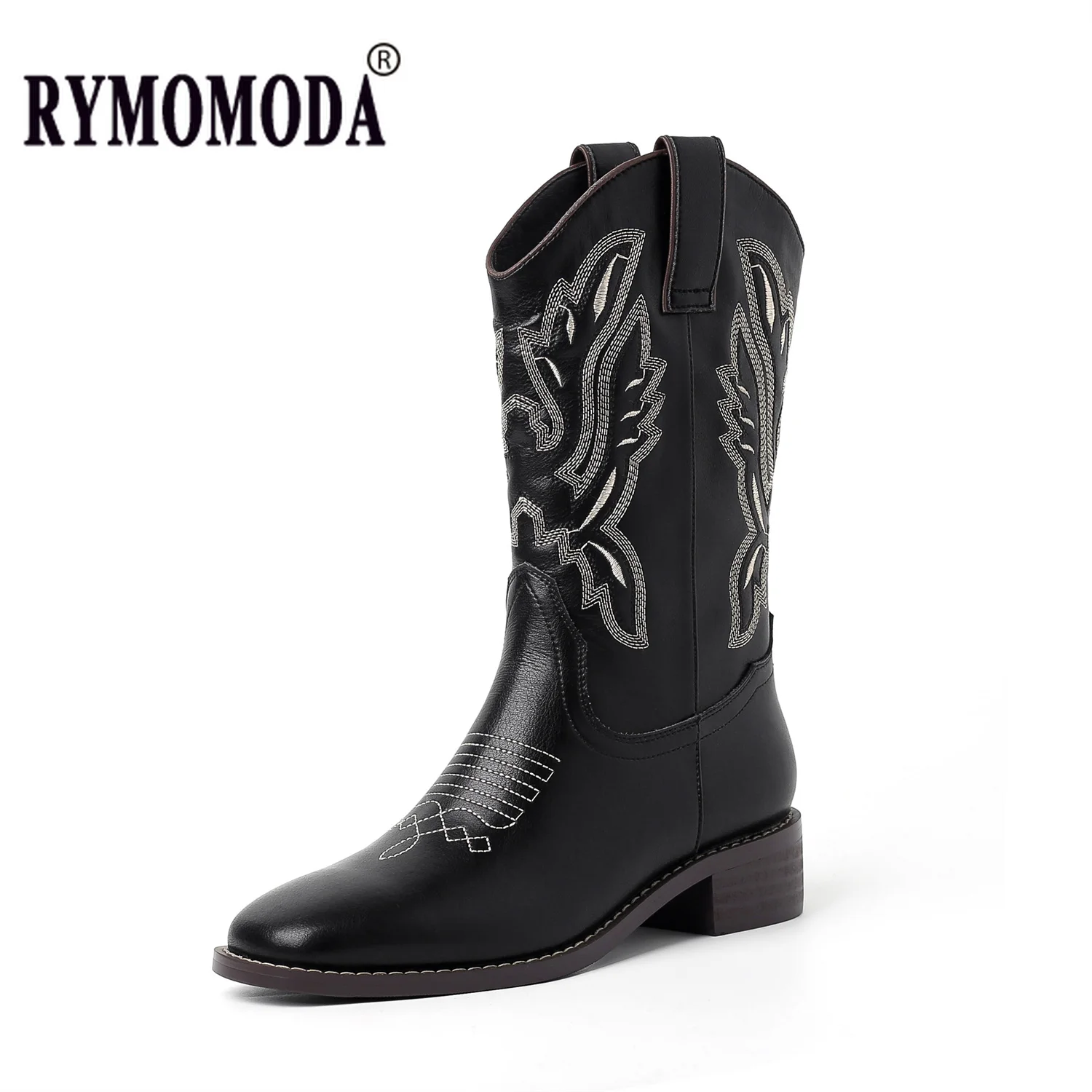 

Womens Riding Boots 2023 Cow Leather Upper Pigskin Lining and Insole Vintage Embroidered V-Mouth Low Heel Goth Ladies Shoes