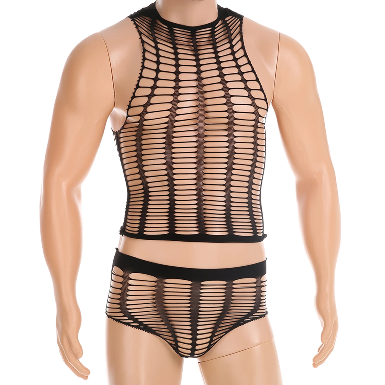 Men Fetish Lingerie Sexy Brazilian Briefs Mesh Underwear Singlet Set Fishnet Crops Tops Nightwear Erotic Hollow