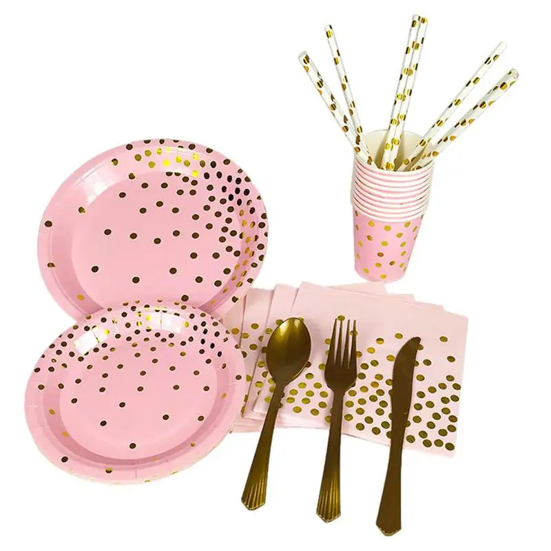

Reception Plate Set Paper Tableware Plate Dinnerware Reception Kit Gold Foil Polka Dot Pattern Paper Plate Set For Birthday