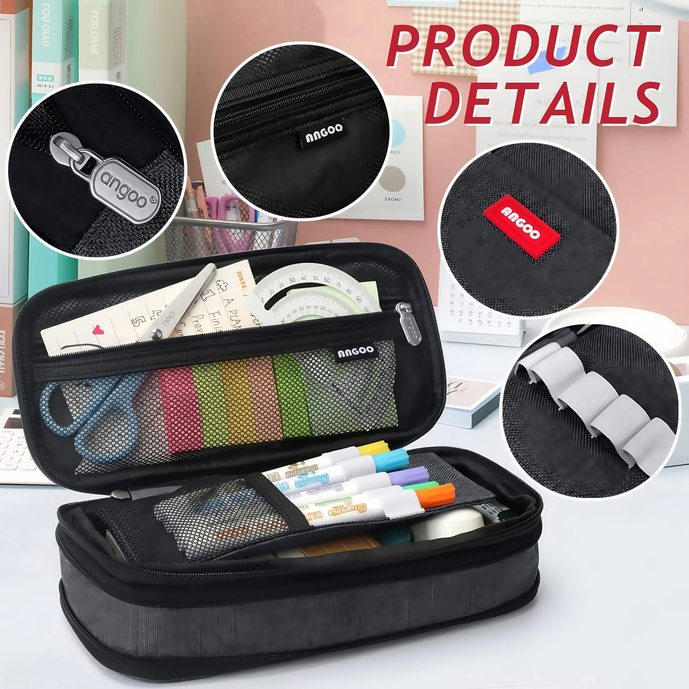 Multi-functional double-layer canvas pencil case, large capacity