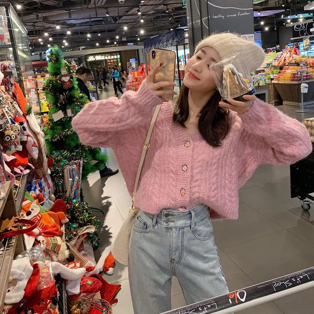 

Vintage Solid Color Long Sleeve Women Sweater Large Size Loose V Neck Single Breasted Cardigan Knited Tops Korean Female Coats