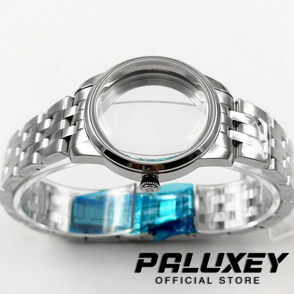 Elegant Stainless Steel Watch Case with Arch Glass and Transparent Back Cover