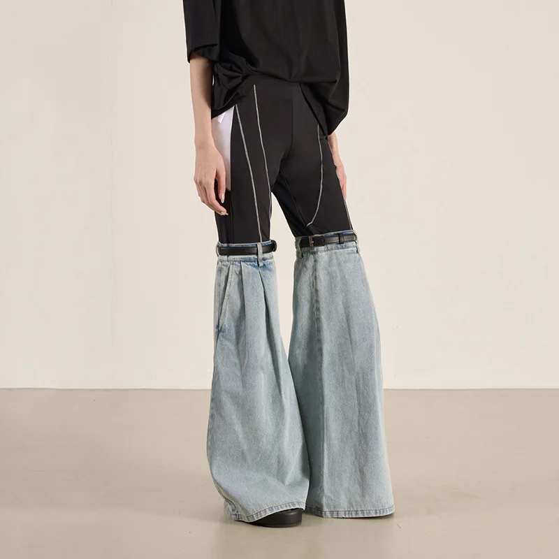 

Women Jeans Trousers Patchwork Summer Designer Versatile Slim Contrast Color Lines Elastic Waist Straight Leg Pants