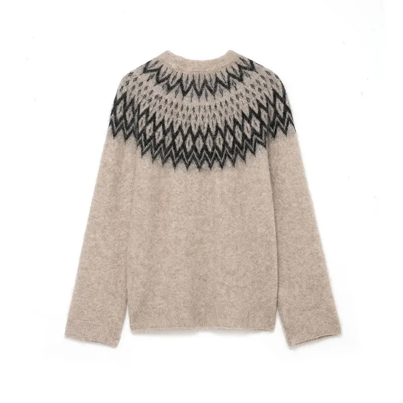 Chic Autumn Knitted Pullover Women Vintage Jacquard Sweater Fashion Casual Long Sleeve Female Elegant Knitwear Top