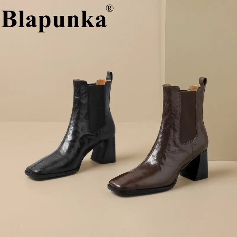 

Blapunka Women Real Sheep Leather Boots Winter Brown Handmade Thick Heels Short Chelsea Boots 2024 Winter Woman Square Toe Shoes