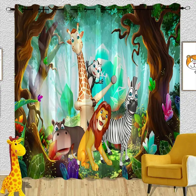 

New Cute Cartoon Green Forest Wild Animal 3D Print Thick Blackout Curtain Bedroom Living Room Window Drape 2 Pieces Shading