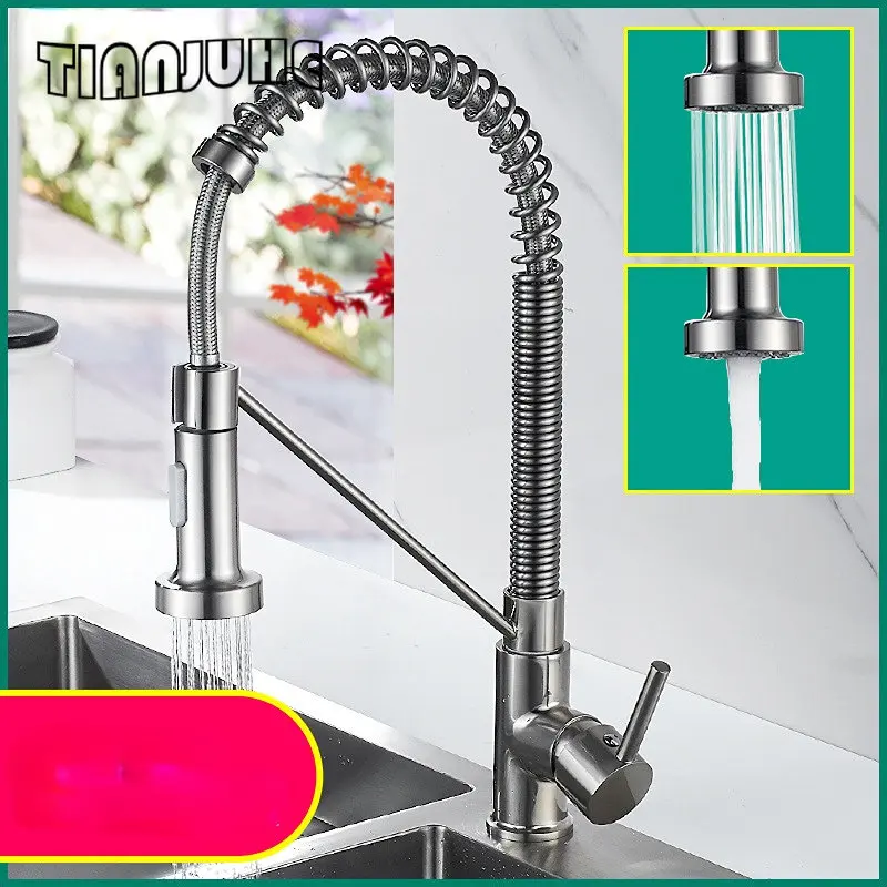 Kitchen Faucets with Pull Down Sprayer Commercial Industrial Spring Single Handle Single Hole Stainless Steel Brushed