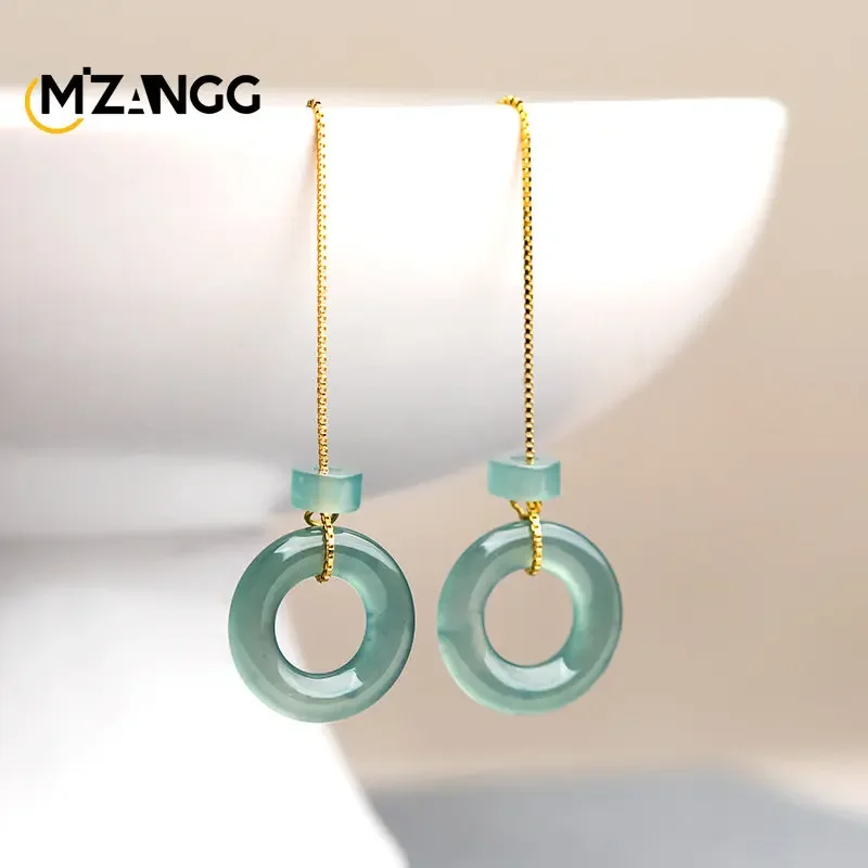 

High-grade Natural Jadeite Blue Water Ear Line S925 Silver Inlaid Ice Kind Donut Lady Jade Earrings Fashion Luxury Jewelry Gift