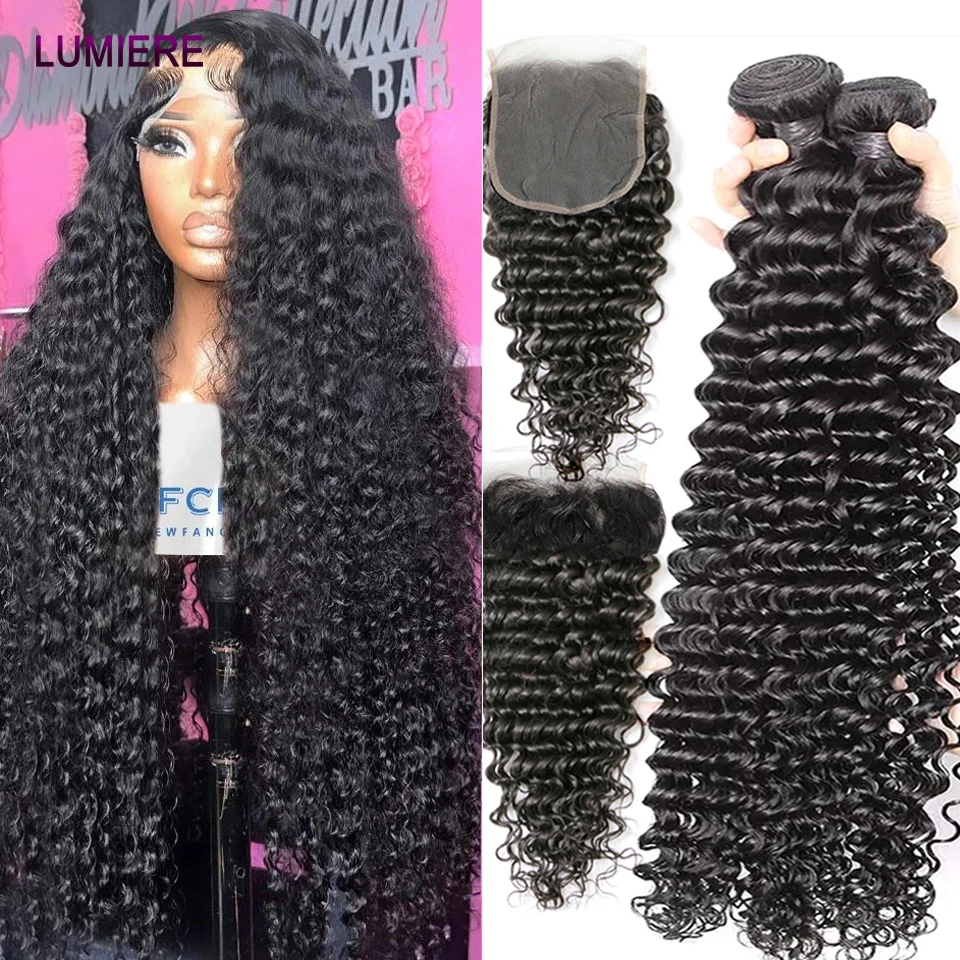 Human Hair Bundles 32 40&rdquo; Deep Curly Wave With Closure Frontal 5X5 HD 3/4 Bundle With Closure 6x6 HD Lace human hair bundles