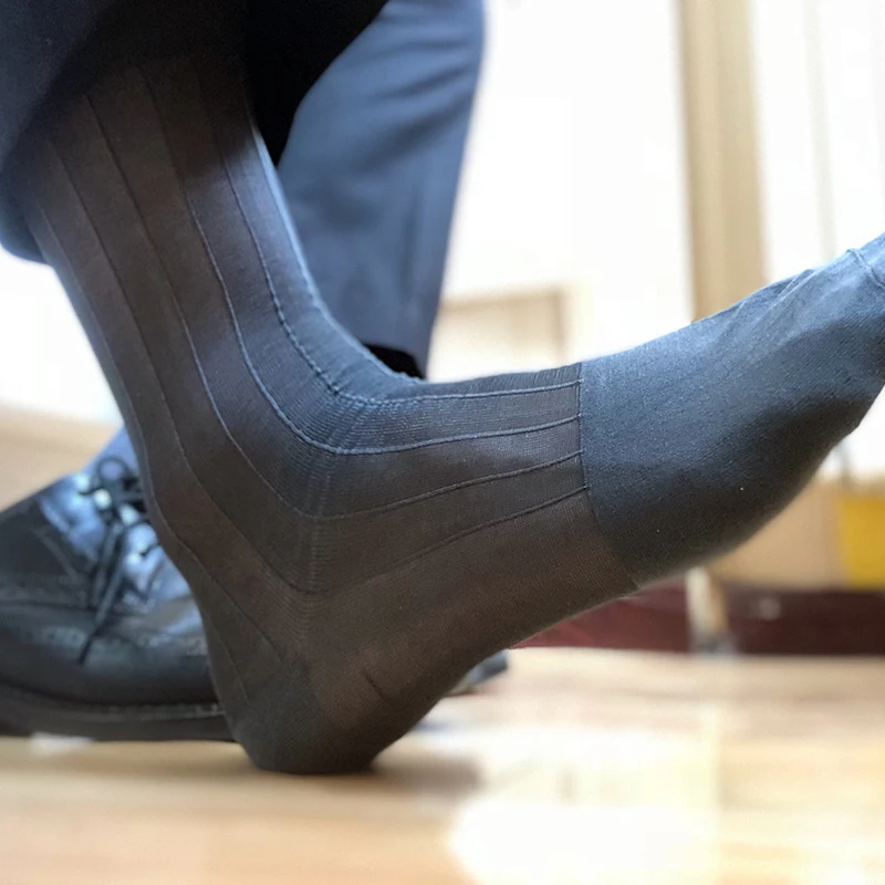 Ldabrye Calze lunghe eleganti da uomo in morbido nylon trasparente sottili in seta trasparente sopra il polpaccio a righe larghe calze a tubo medio collant da ufficio e lavoro, Blu reale, Taglia