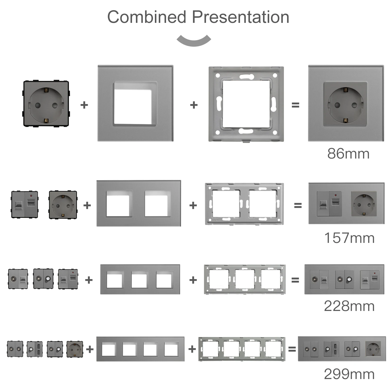 Wall Light Switches Industrial Plugs Socket BSEED Light Switches Glass Panel Parts White USB Wall Sockets Function Parts DIY EU CAT5 TV Sockets Power Outlet Gray