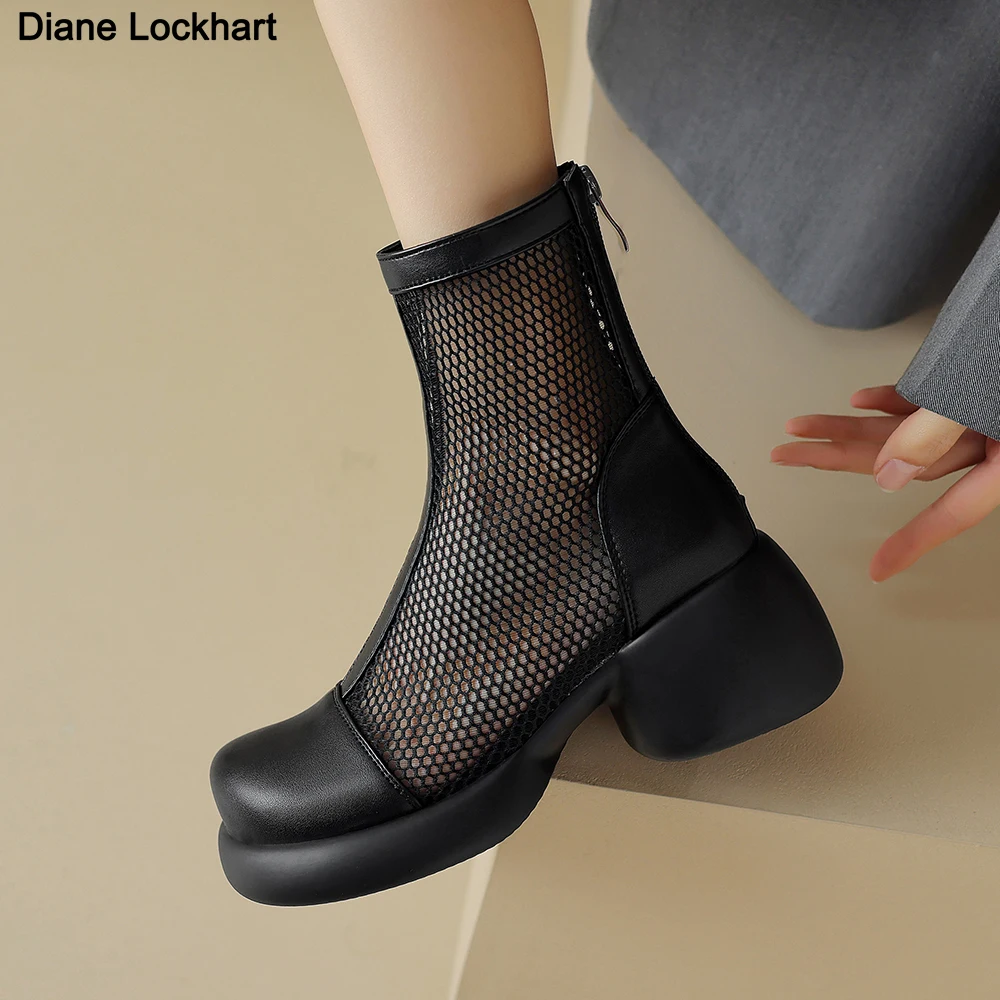 

2024 new summer women Mesh Platform Ankle Boots 21.5-26cm Thick soled Chelsea Booties Breathable Hollow Shoes woman sandals