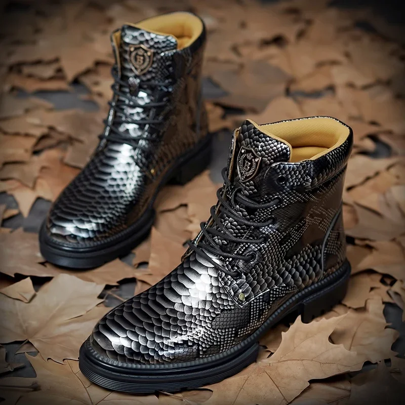 Men Boots Leisure Leather Short Shoes Ankle Round Toe Snake Pattern Shoes dress shoes men designer chaussure zapato homme
