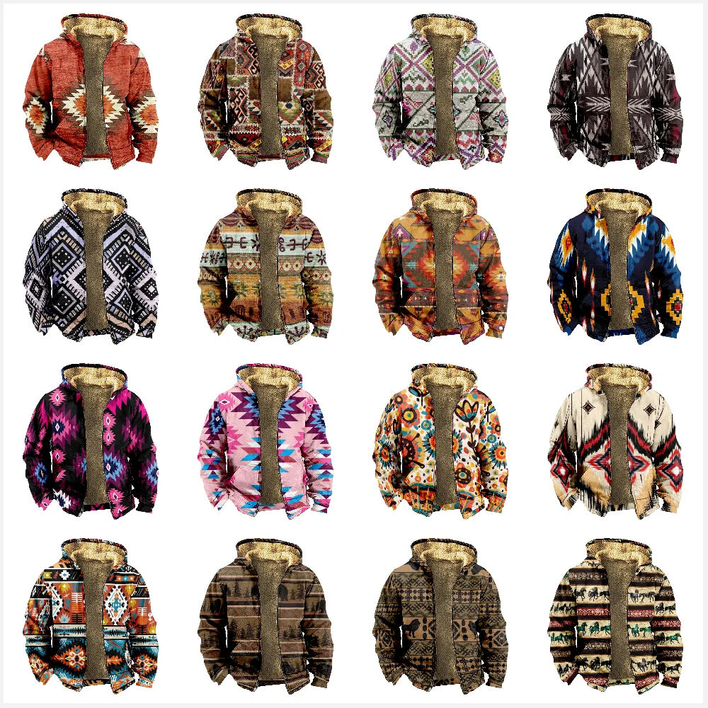 2023 New Totem Pattern Cotton Coat Hooded Sweater Casual Print Long Sleeve Zipper Sweater Thick Cotton Coat Winter