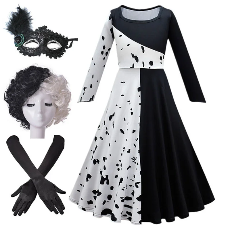 Cosplay Costume Halloween Child Cruella Masquerade Party Girls Black White Long Dress with Cape Carnival Wig Lace Mask