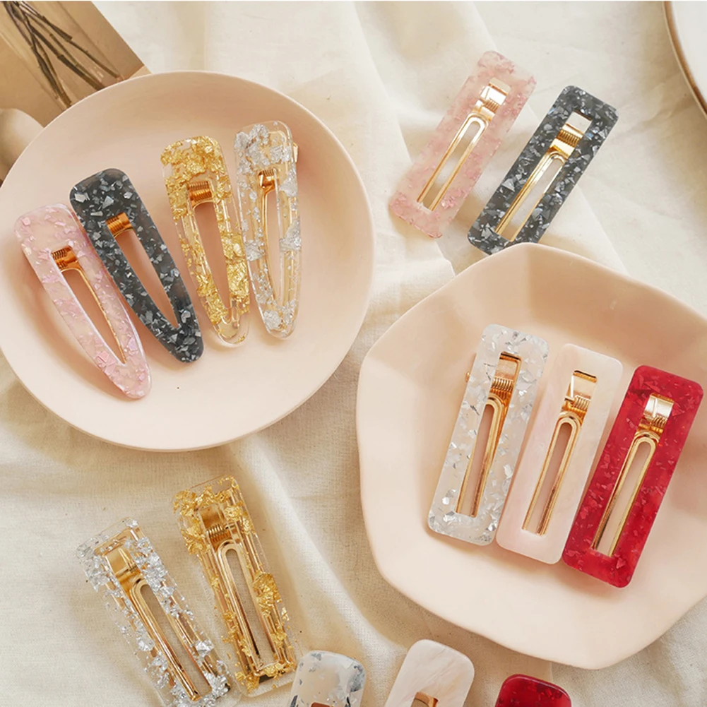

1PC Girls Acrylic Hollow Tin Foil Sequin Hair Clip For Women Waterdrop Rectangle Triangle Hairpin Barrette Gold Color Clip