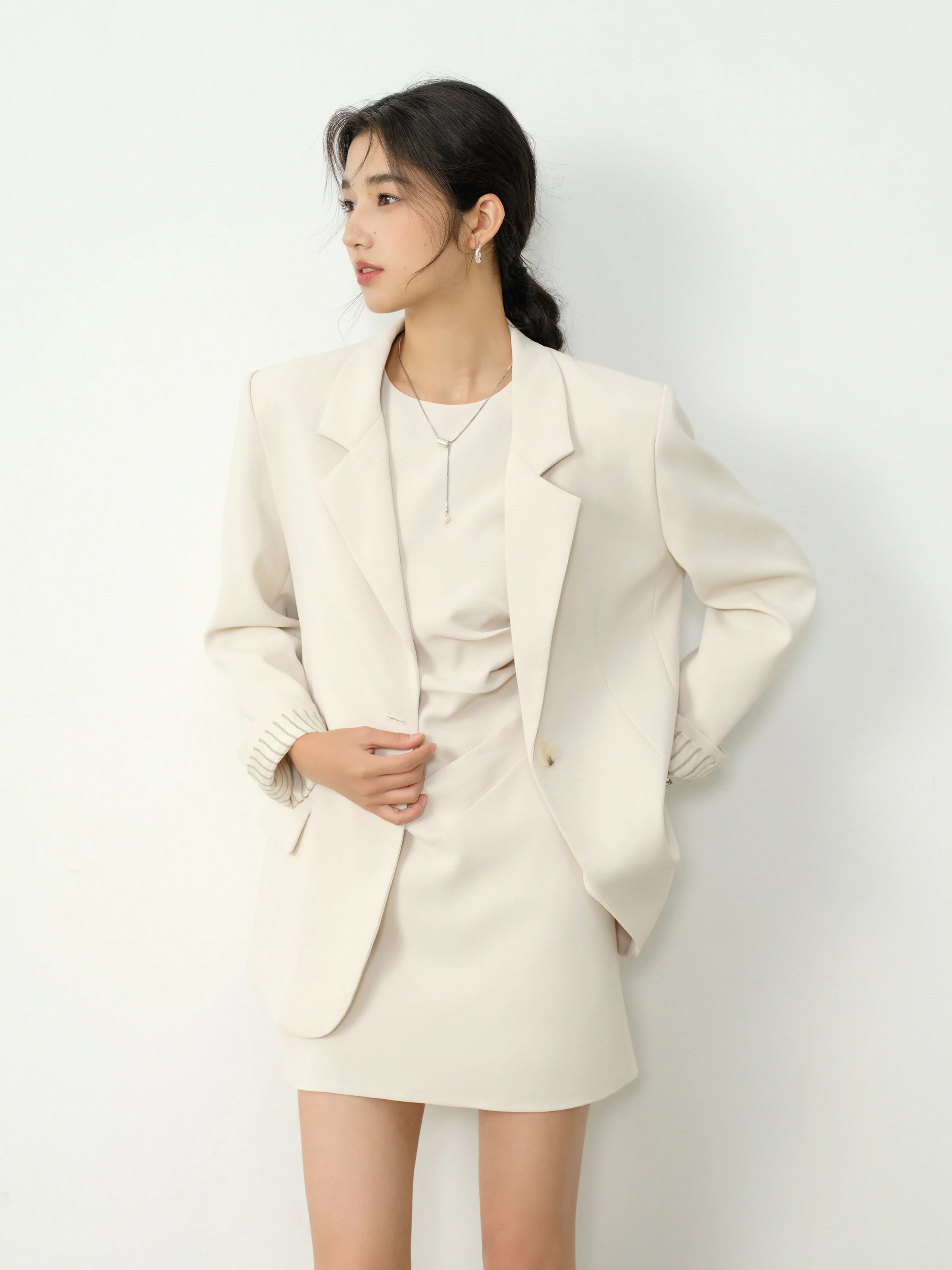 Elegant White Blazer Jacket Notched Lapel Thin Suit Coat Casual