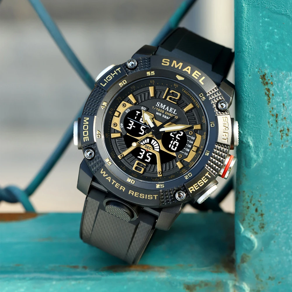 Waterproof Digital LED Display Quartz Analog Stopwatch Fashion Men's Sport Watch - Green Orange Design