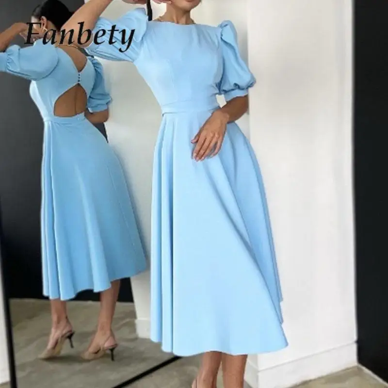 

2023 Autumn French Puff Sleeve Solid Party Dress Fashion Sexy Buttoned Backless Elegant Maxi Dress Temperament Slim Lady Dresses