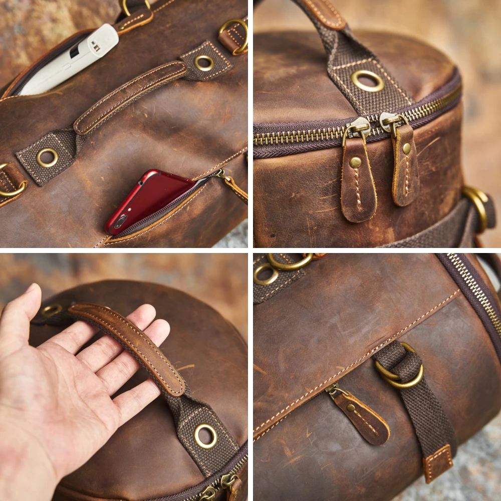 NASVA Genuine Leather Men's Multifunctional Bag Vintage Backpack Crossbody Handbag Tote Cylinder Bag 5