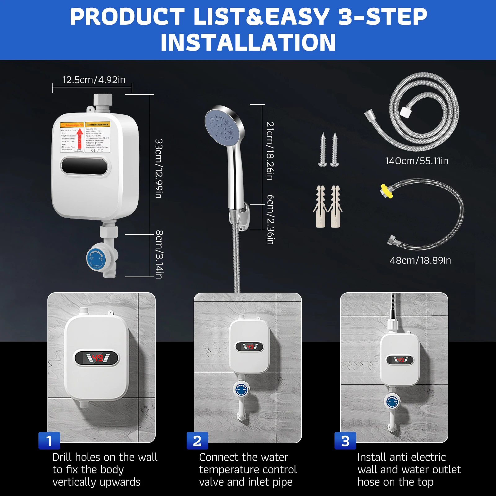 3500 W Electric Instantaneous Water Heater, 220V Mini Shower Water Heater Shower Head, Kitchen Tap Heater Temperature Display