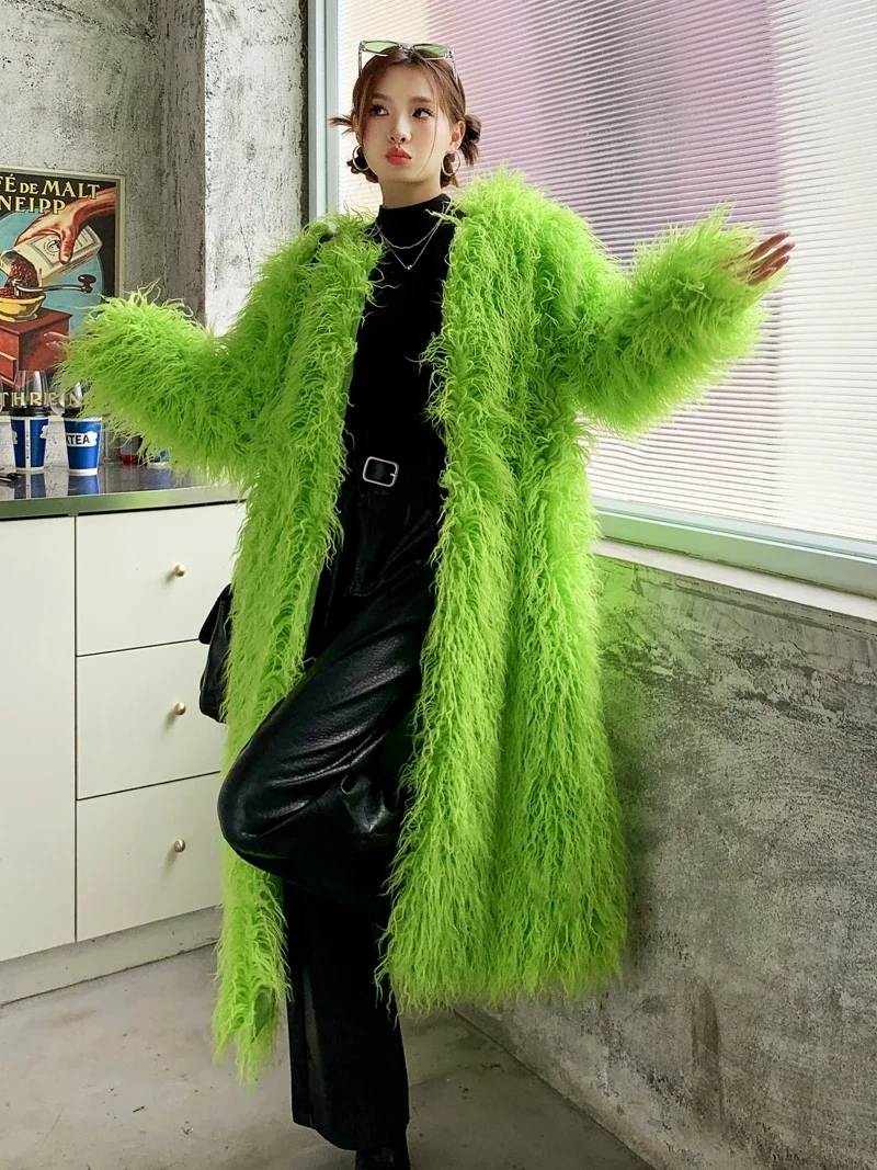 2023 Autumn And Winter New Unique Fruit Green Faux Fur Color Coats Imitated Sheep Furry Woolen Overknee Long Warm Jacket Women