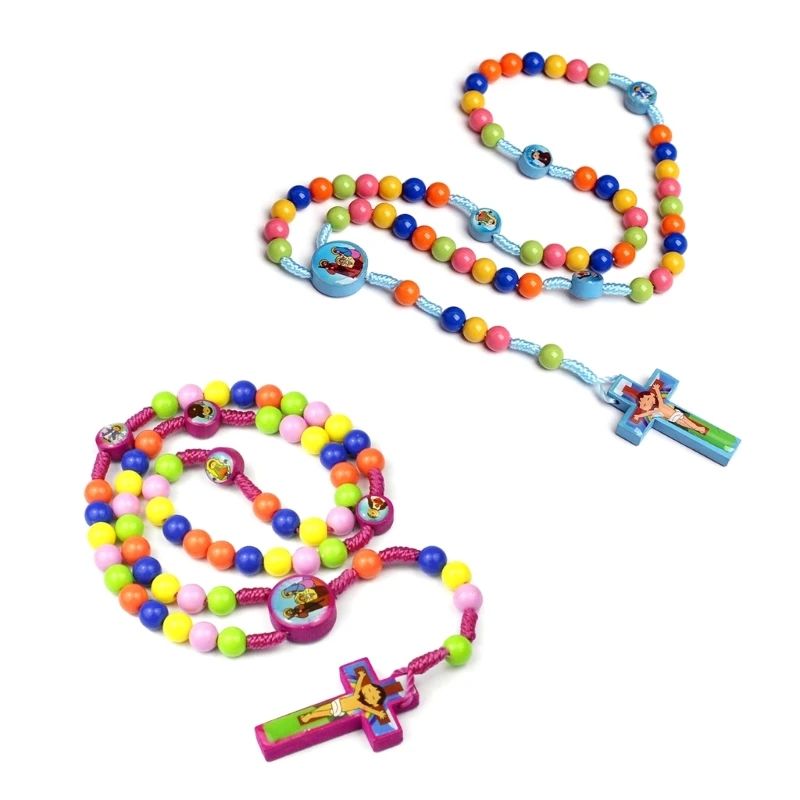 Cartoon Pendant Necklace Colorful Rosary Beads Children Kid Girls Catholic Christian Orthodox Religious Jewelry 67JB christ pendant