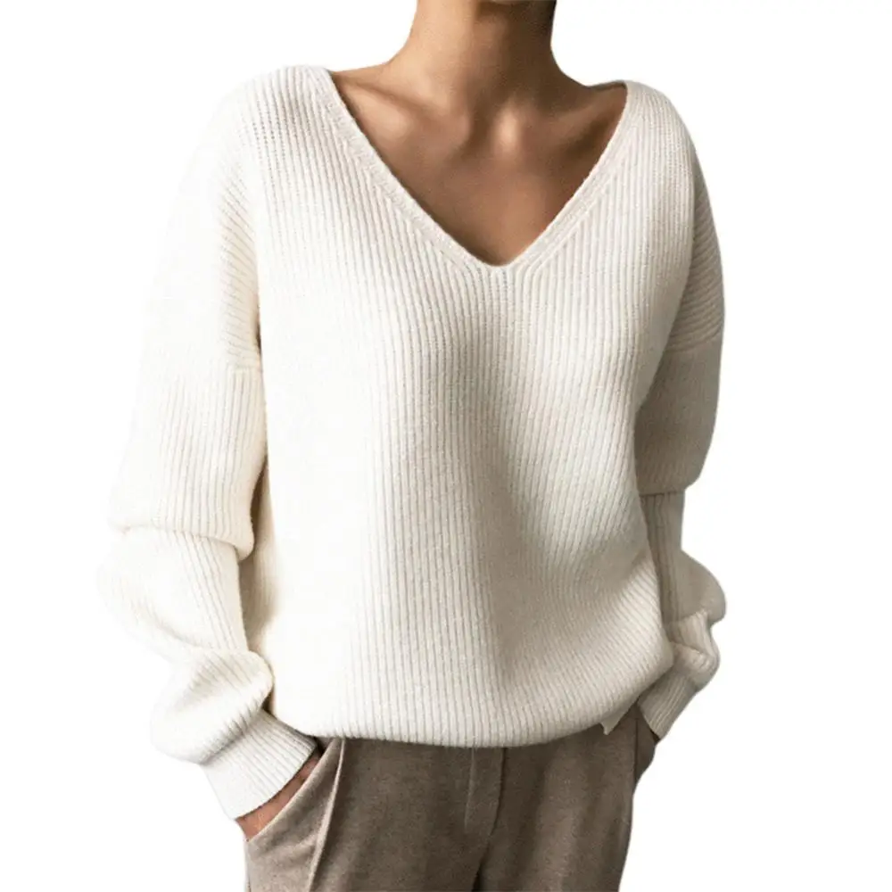 

New Ladies Autumn Winter Wool Blend Sweater Casual V-Neck Pullover Vertical Striped Knitted Soft Sweater Loose Commuter