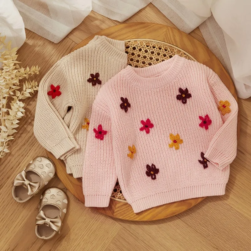 MISOWMNJOY Floral Baby Girl Boy Knit Sweaters Winter New Children Jumper Clothes Long Sleeve Crochet Pullover Infant Knitwears