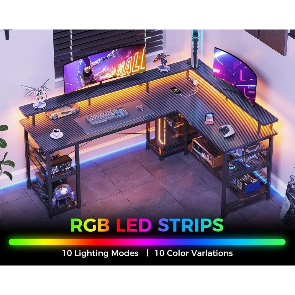 Gaming Desk 66" L with Power Outlet and LED Lights,Gaming Table with USB Ports,L Shape Desk with Storage Shelves & Monitor Stand 5