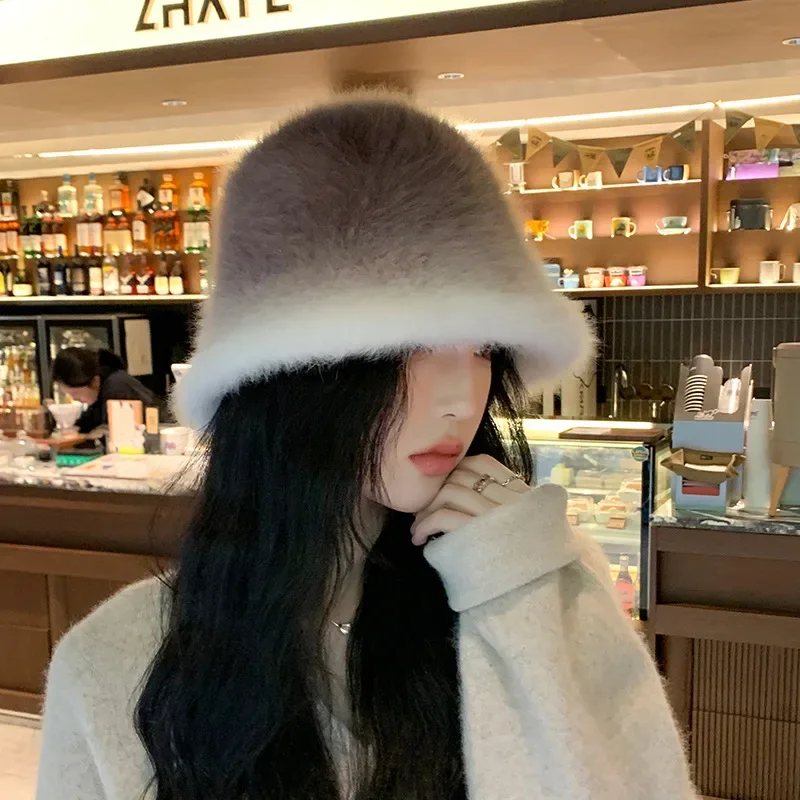 

Autumn and Winter Korean Version Gradient Rabbit Hair Bowl Hat Shows Small Face Outdoor Warmth Women's Fashion Bucket Hat Trend