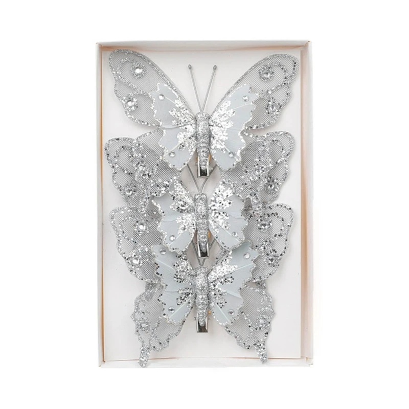 50JC Delicadas decoraciones colgantes navideñas con forma de mariposa con clip para árbol y corona