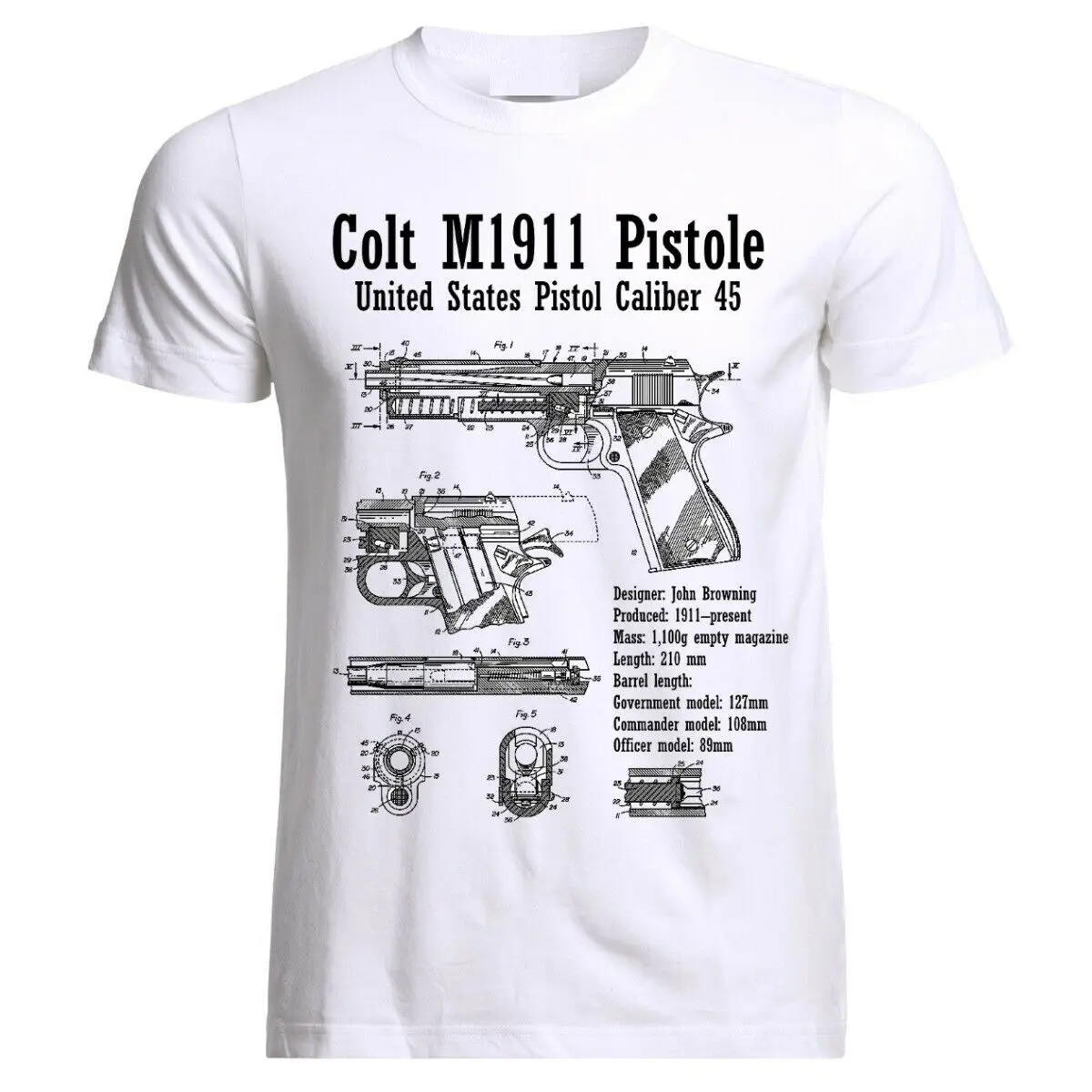 

M1911 Handgun Blueprint Pistol Le Pistolet T-Shirt Men's 100% Cotton Casual T-shirts Loose Top New