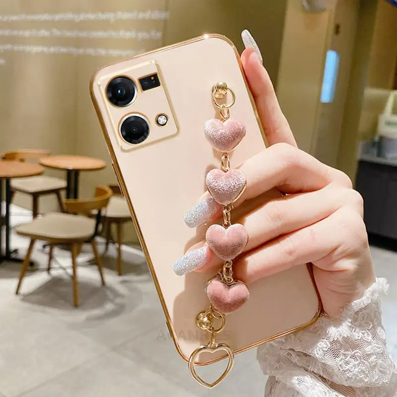 Reno7 Love Heart Bracelet Chain Plating Silicone Phone Case by Realme