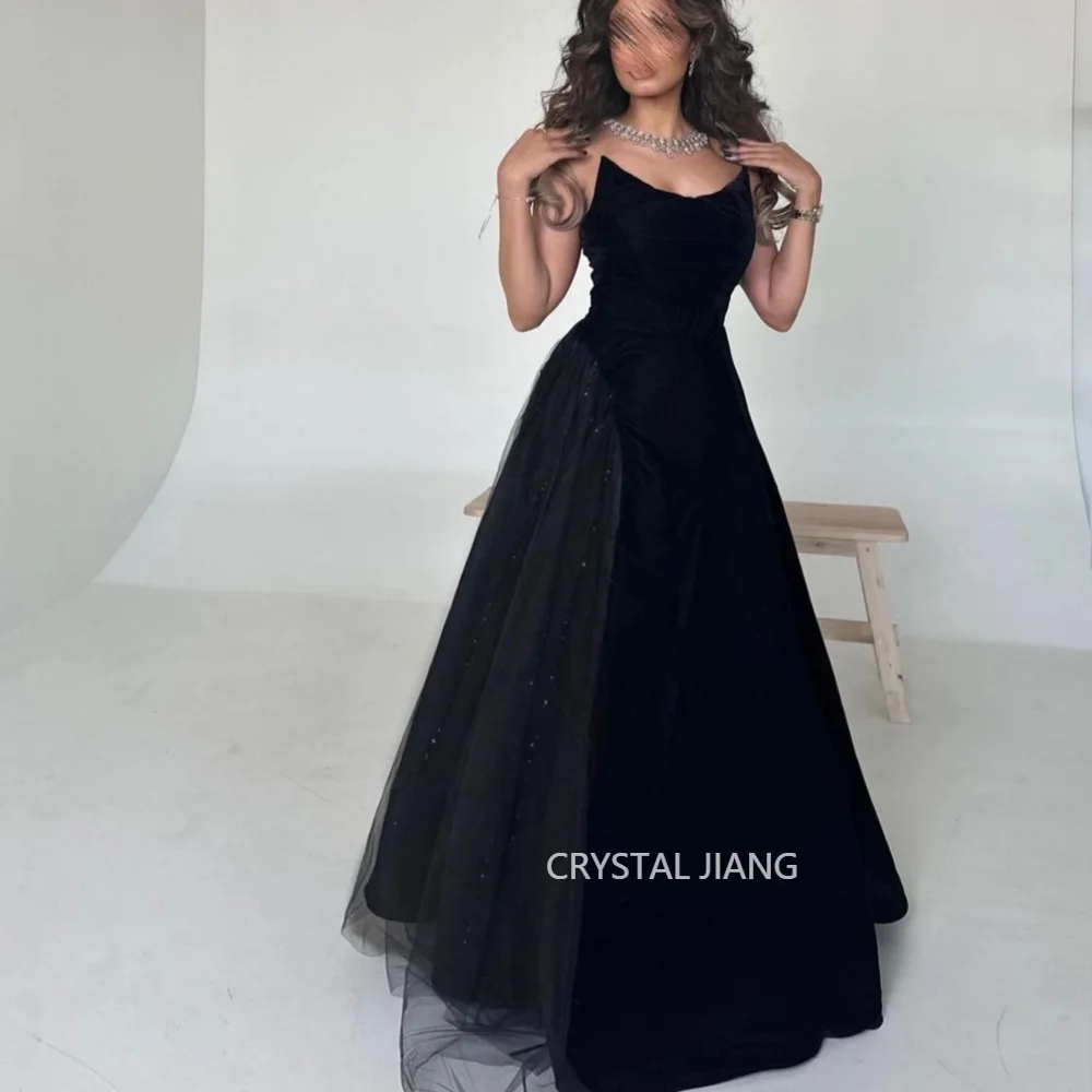 

Elegant Long Black Strapless Spandex Evening Dresses Sleeveless A Line Floor Length فستان سهرة نسائي Party Gowns