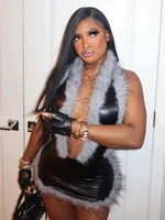 Faux Leather Mini Dress – Furry Patchwork V‑Neck Halter