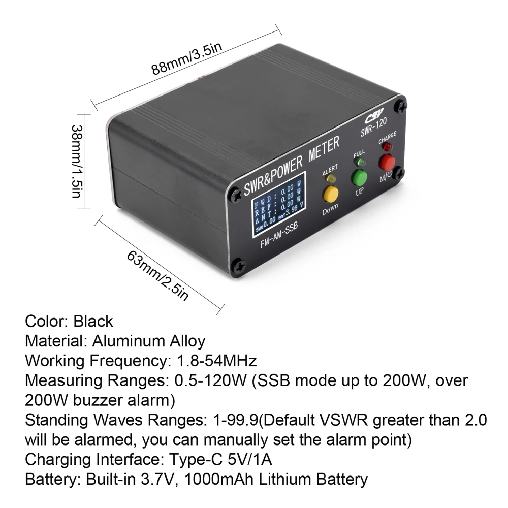 120W SWR Digital Power Standing Wave Meter 1.8-54MHz Shortwave Meter FM AM SSB Modes Power Support SWR/Power Adjustable power meter