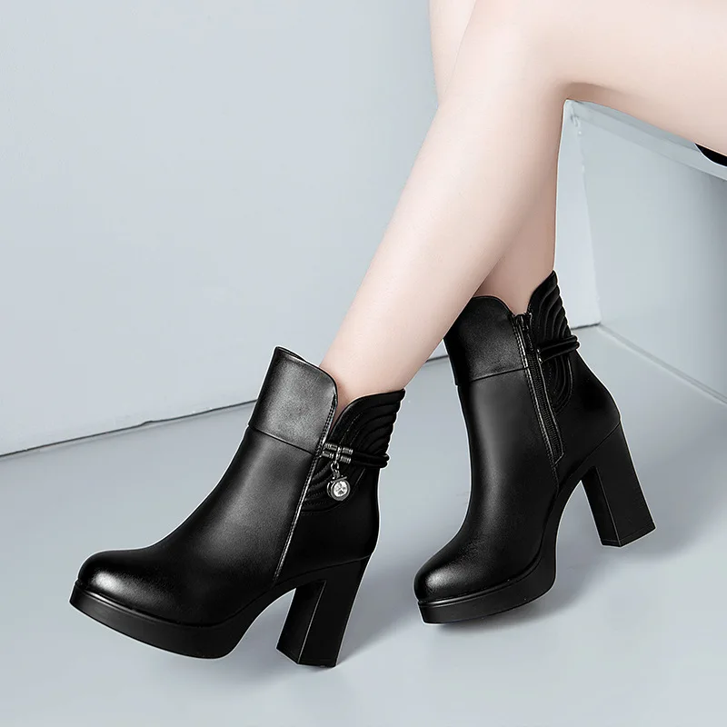 High quality short ankle leather boots for women 9cm high heel platform new 2023 autumn winter 33 42 43 elegant shoe - black