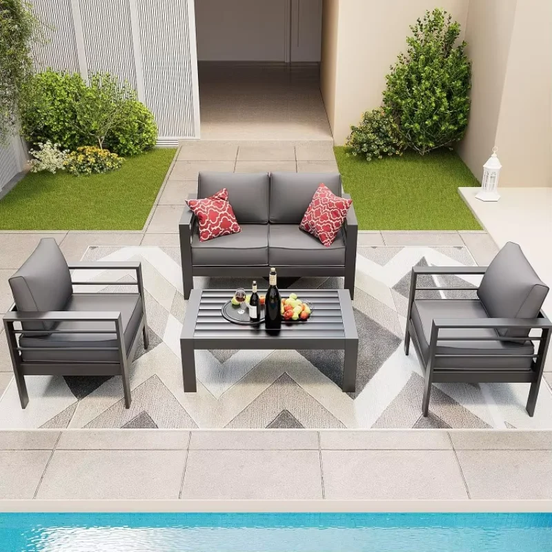 5 Pcs Metal Modern Patio Furniture Set, Outdoor Sectional Sofa for Balcony, Aluminum Patio Furniture, Garden, Dark Grey 2